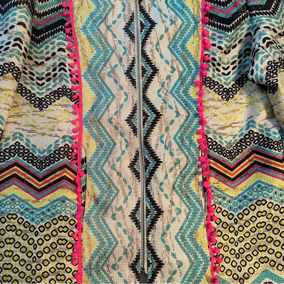 Molly Bracken Womens Blazer Jacket L Yellow Blue Chevron Print Metallic Zip NWT - Picture 3 of 10